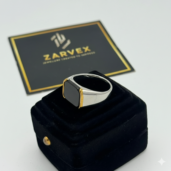 Modern Silver-Plated Rings with Black Onyx and Gold Accents